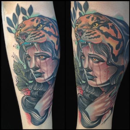 Tattoos - traditional girl with tiger tattoo, Gary Dunn Art Junkies Tattoo - 76769